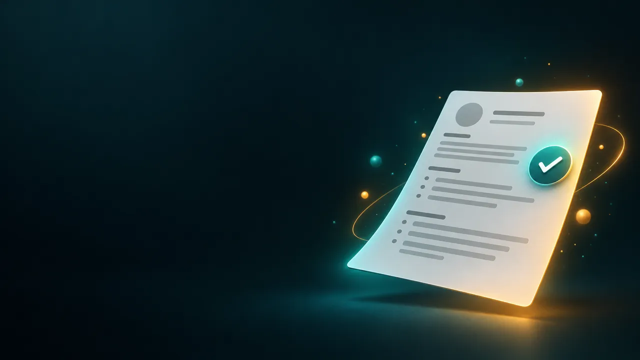 Um currículo estilizado flutuando, com um selo de verificação, sobre fundo escuro